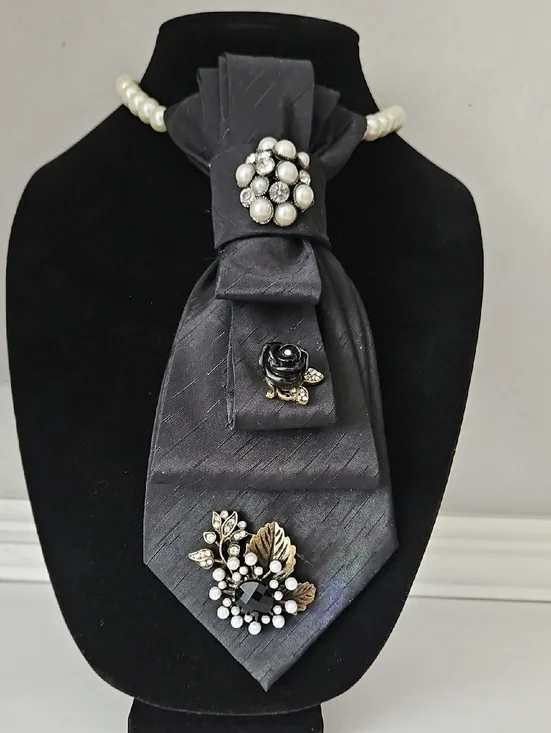 Black Upcycled Necktie Necklace with a Black Rose and Pearls - Picture 6 of 6